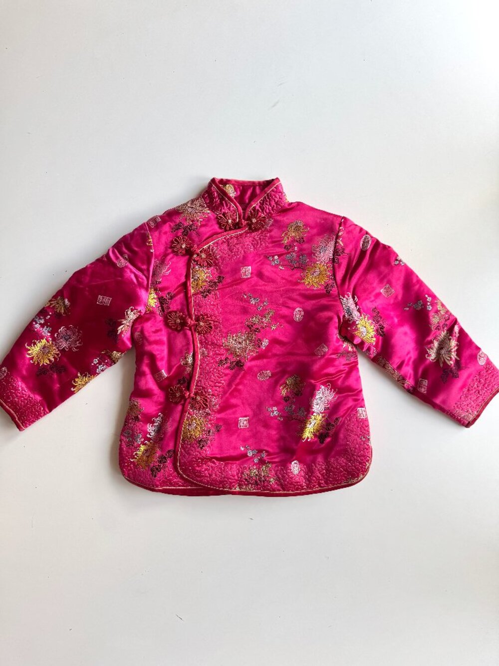 Vintage LITTLE ELEPHANT Pink Gold Embroidered Satin Tang Hanfu Jacket, Size 18M